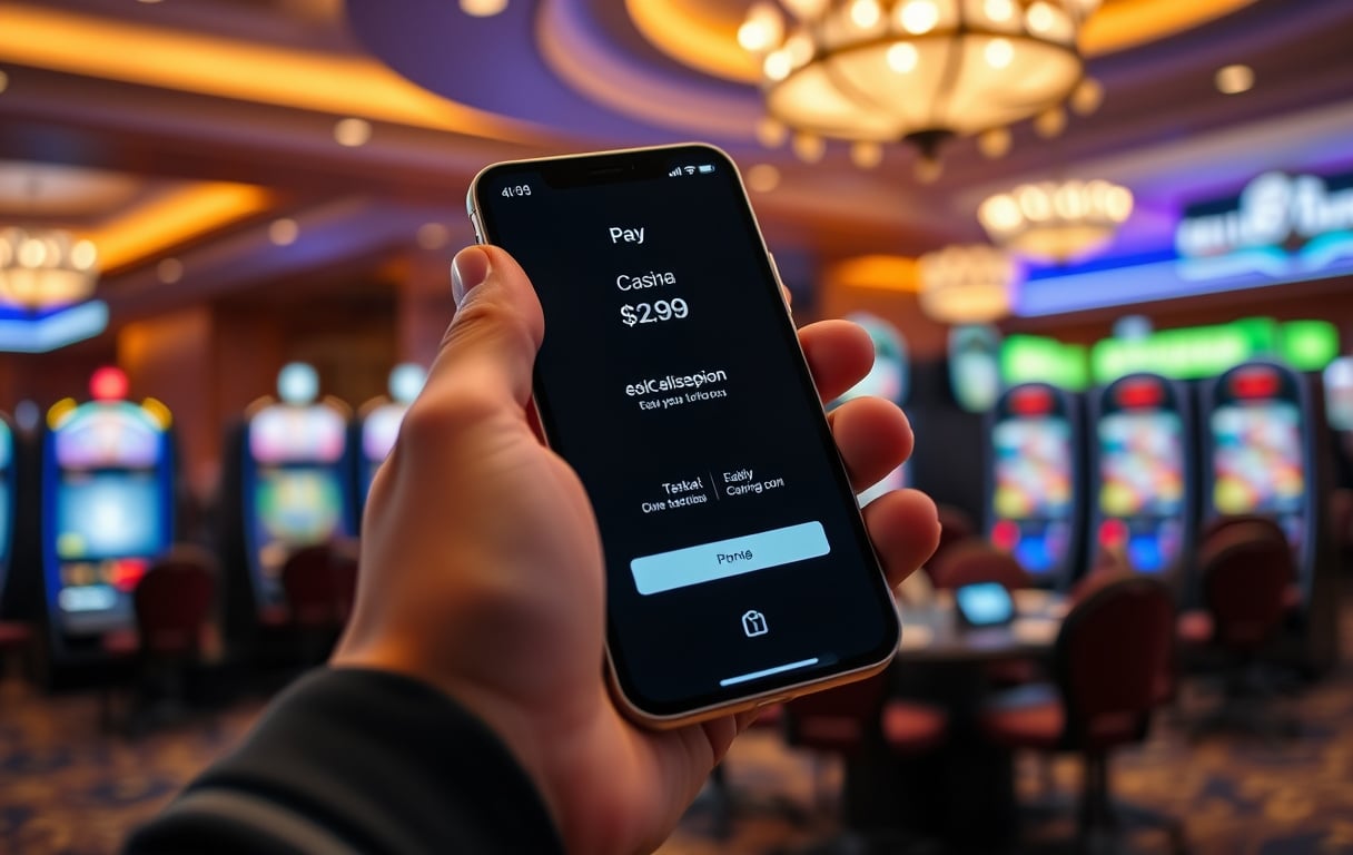 iPhone med Apple Pay og kasinokasse i bakgrunnen