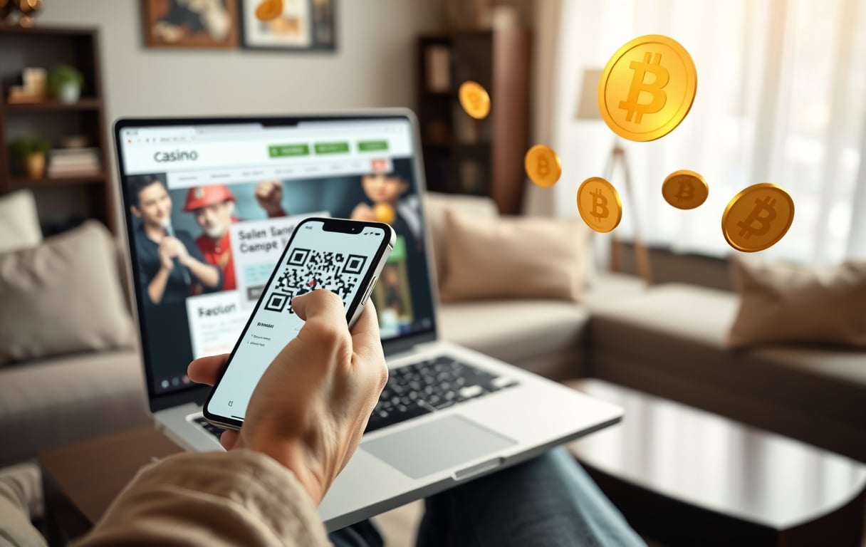 Person som skanner QR-kode med mobil for å sette inn Bitcoin på et nettcasino