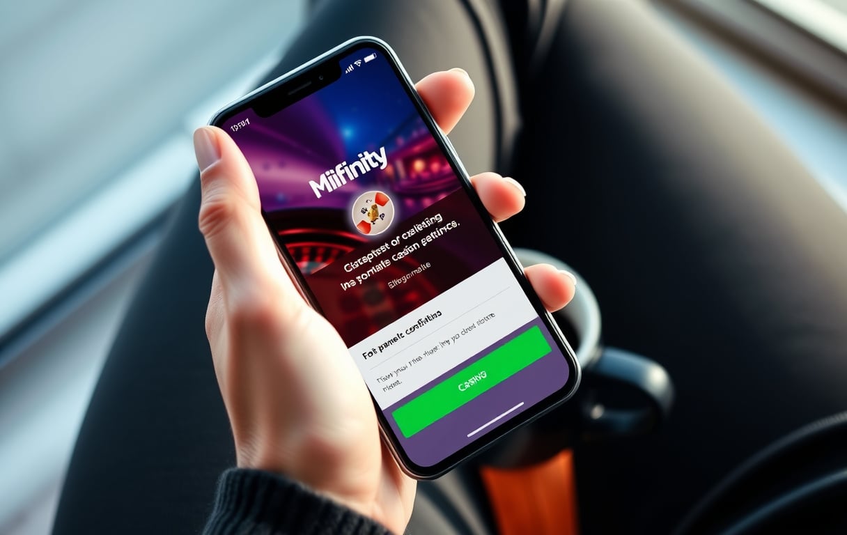 Person som holder mobil med MiFinity-betaling på et casino