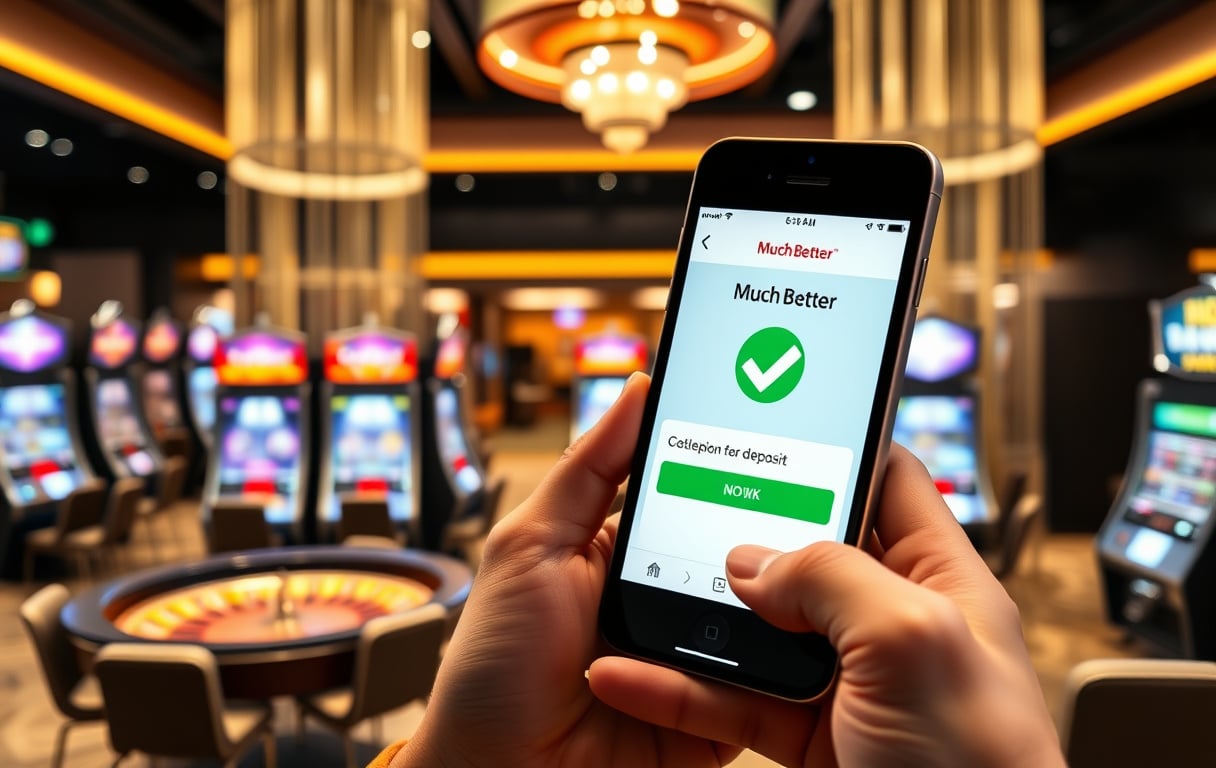 Person som holder en mobiltelefon med MuchBetter-appen åpen, viser et casino-innskudd i norske kroner.