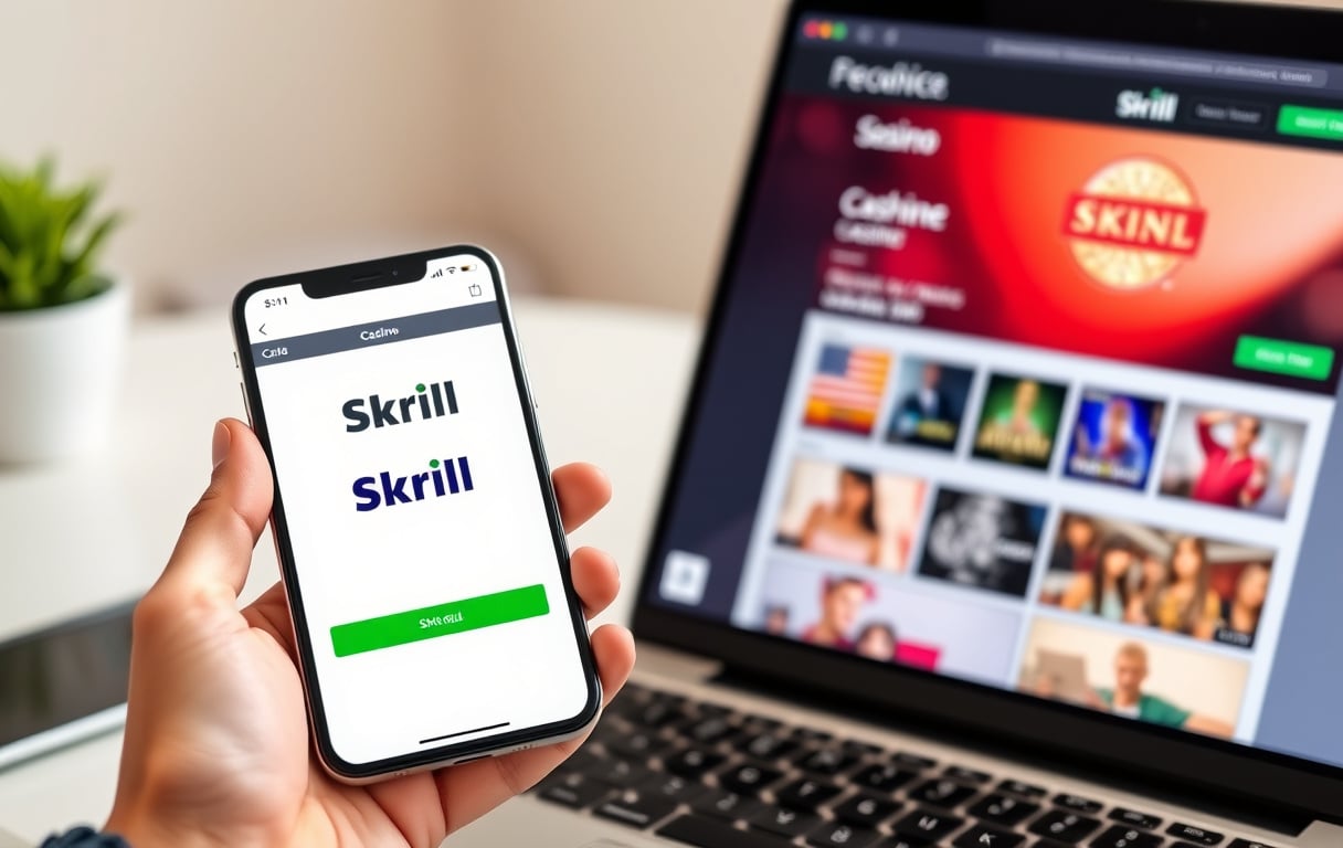 Person med mobil med Skrill-app og laptop med casino kasse.