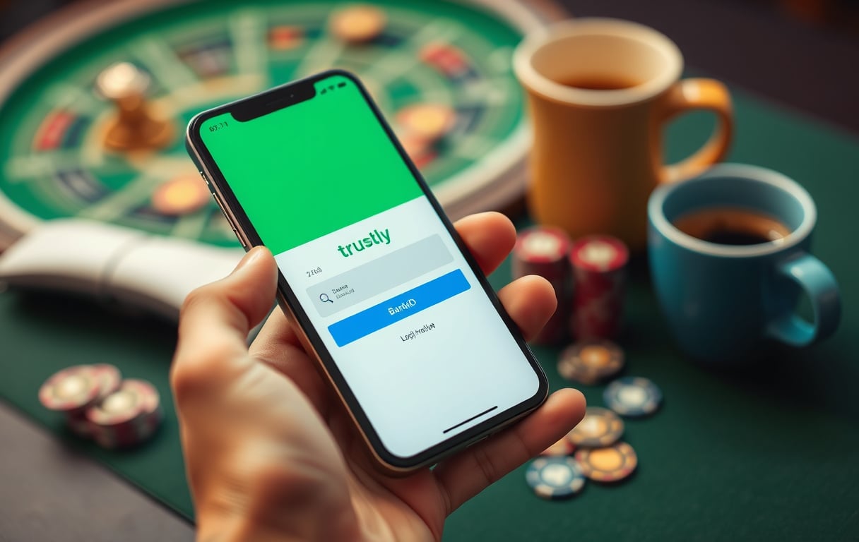 Smarttelefon med Trustly valgt i casinoets kasse, BankID-logg inn synlig.