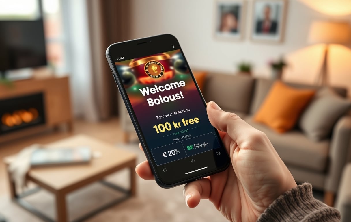 Smarttelefon som viser et casinotilbud med 100 kr gratis og 20 gratisspinn.