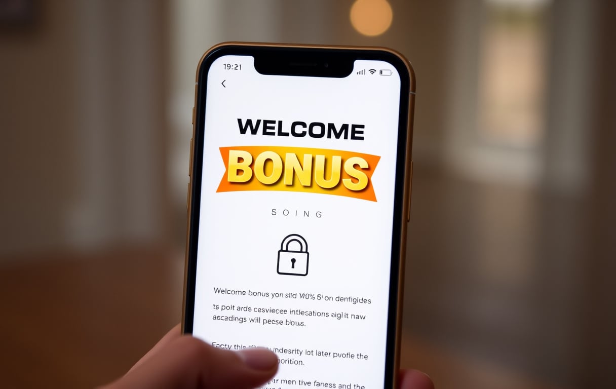 Mobilskjerm som viser et casino bonustilbud med gullfarget velkomstbonus-banner og freespins-ikon