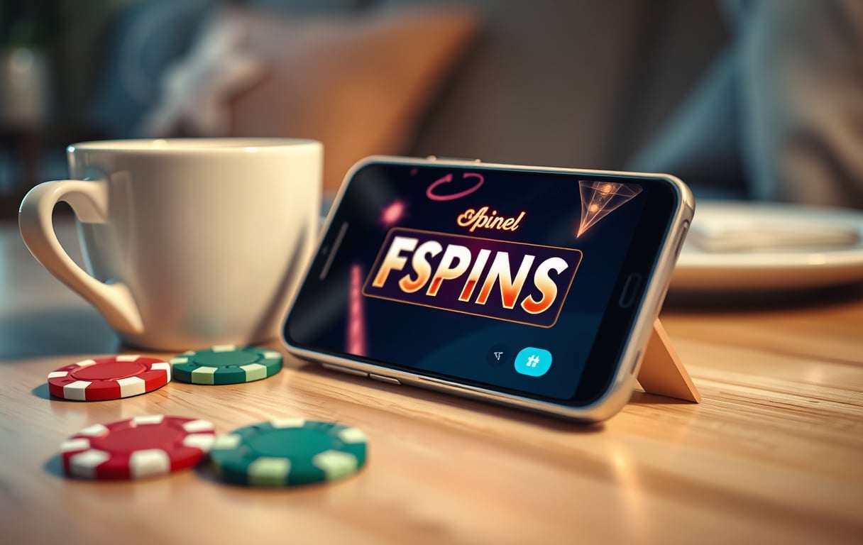 Mobilskjerm med gratisspinn-påminnelse på spilleautomat, casinoisyn og kaffekopp på trebord.