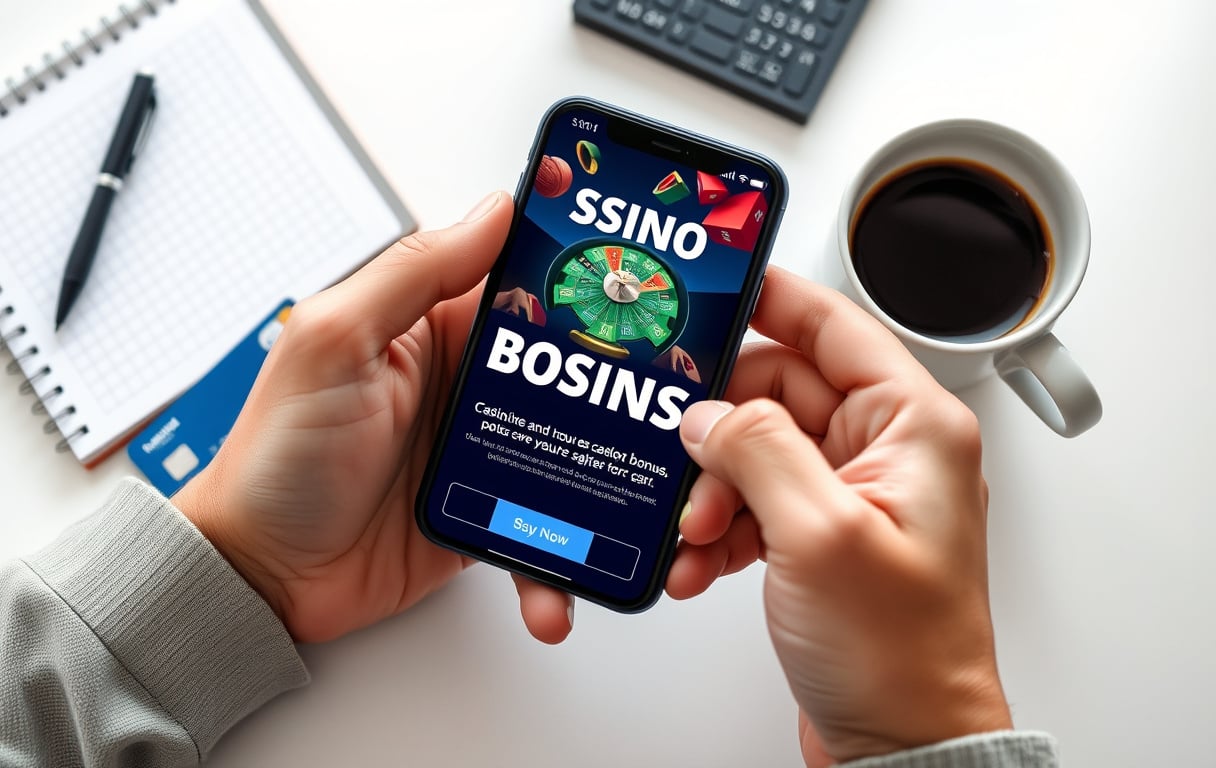 En person som holder en smarttelefon med et casino bonus-tilbud på skjermen, ved siden av et kredittkort og en kopp kaffe på et skrivebord.