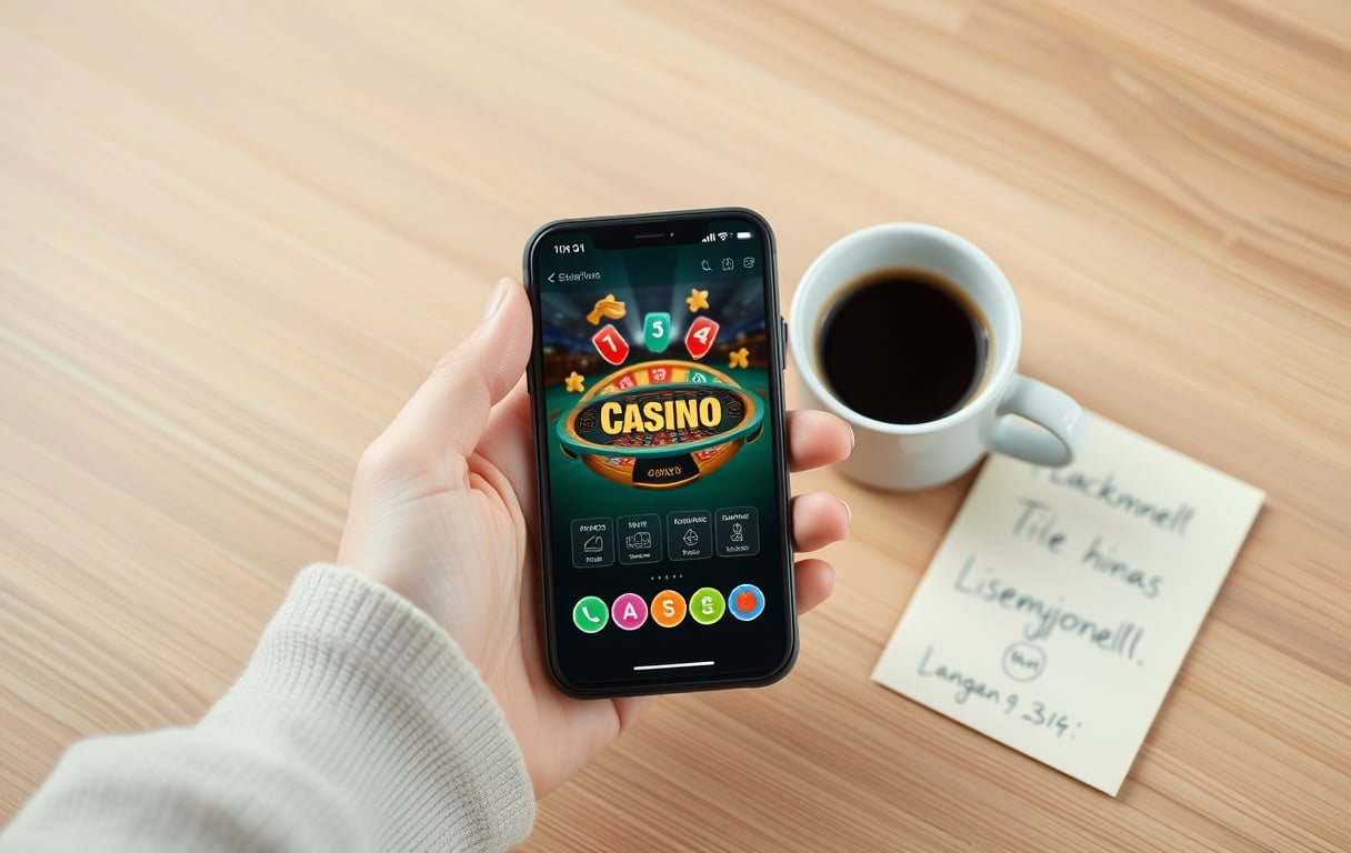 Hånd som holder mobiltelefon med casinospill, notatblokk med lisensinfo.