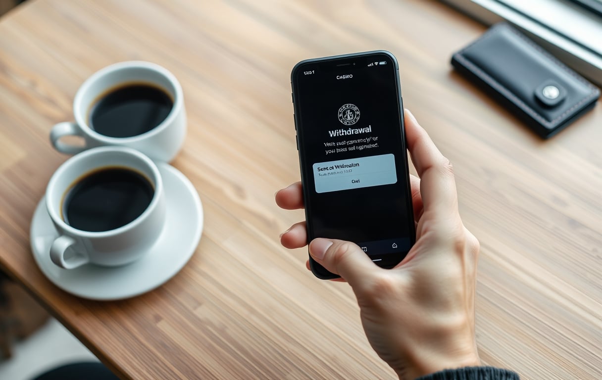 Person som holder en mobiltelefon med bekreftelse på casino-uttak på skjermen, ved siden av kaffekopp og lommebok på et trebord.