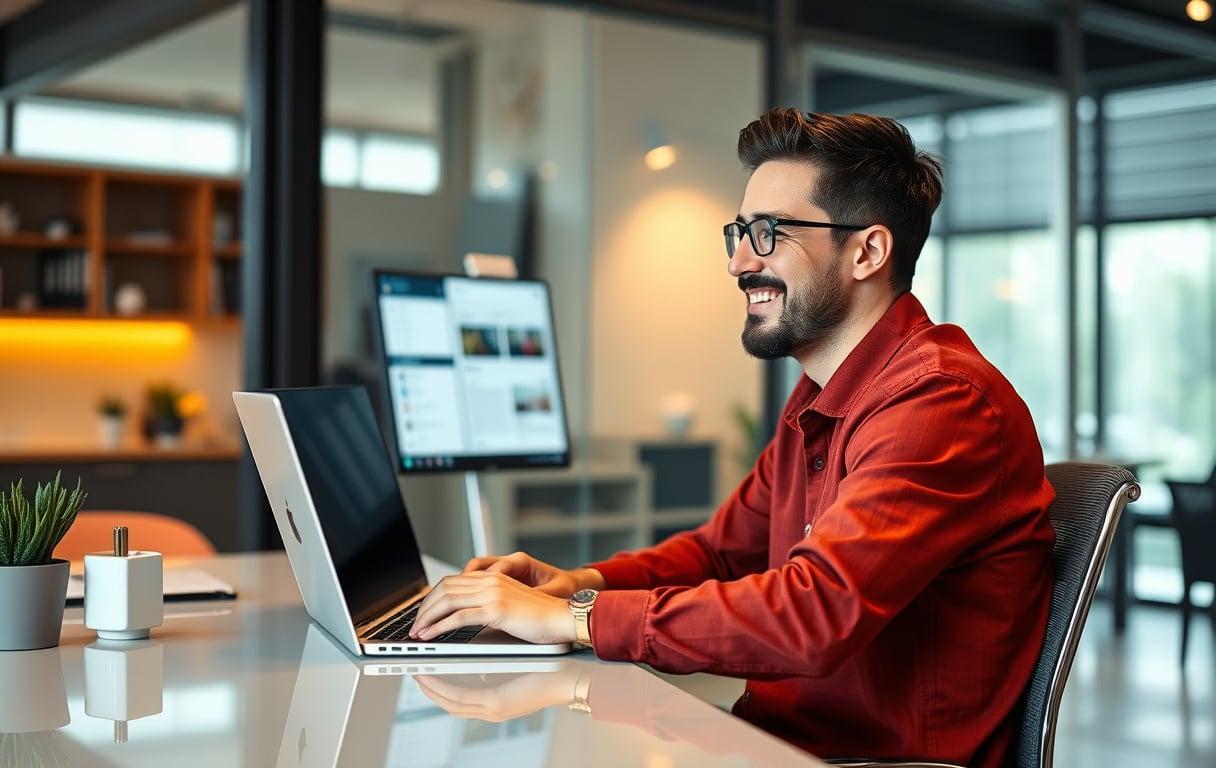 Person som chatter med kundeservice på laptop, smilende