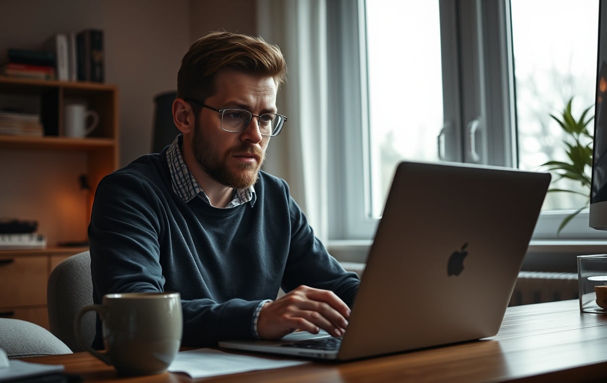 Skeptisk spiller som sjekker casino-vilkår på laptop i et koselig hjemmekontor