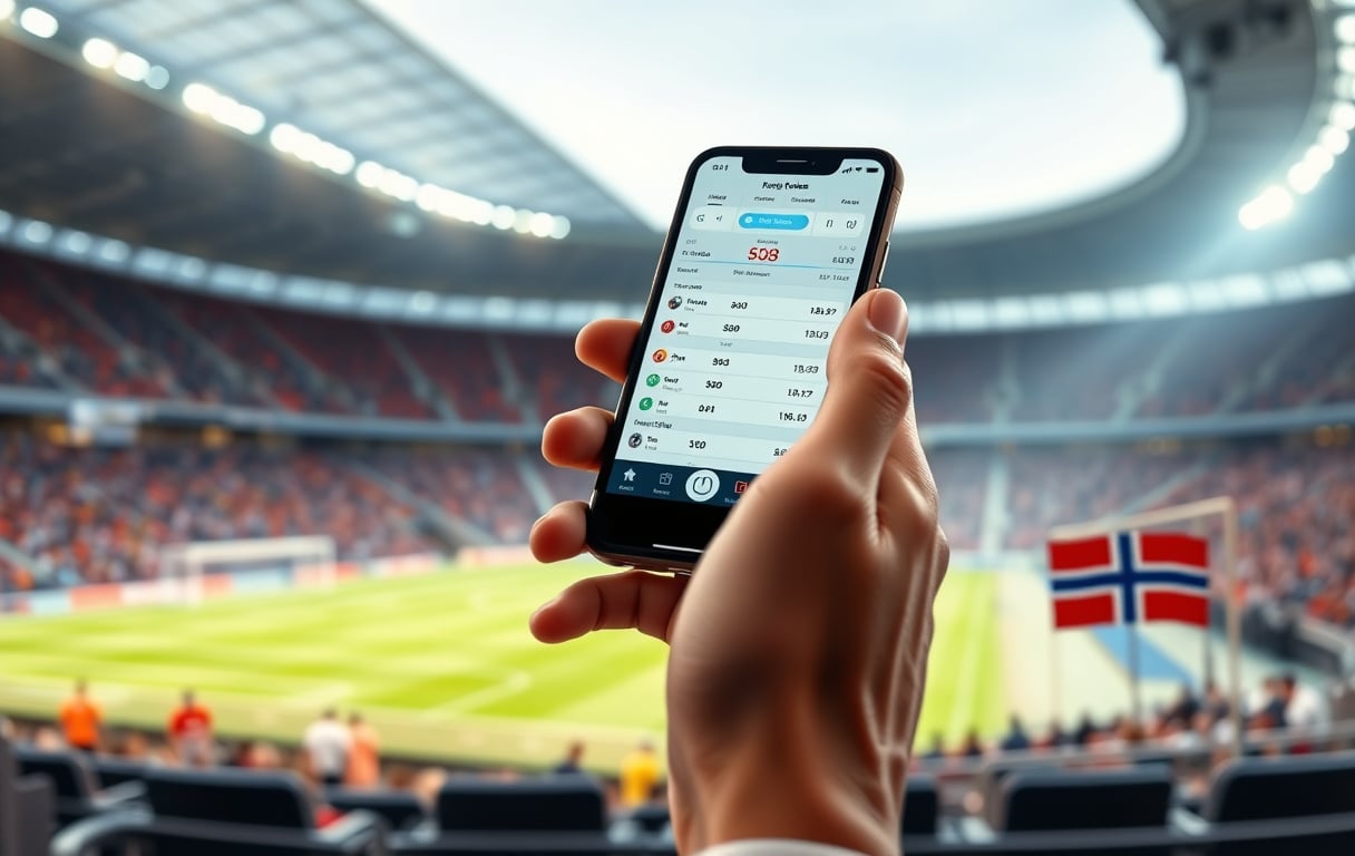 En person som sammenligner odds på en mobilskjerm med en fotballstadion i bakgrunnen.