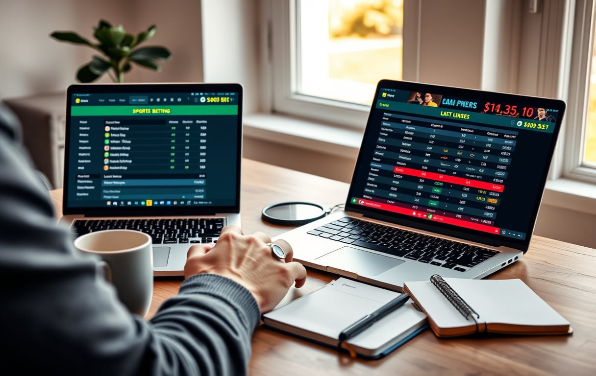 En person som sammenligner bettingsider på to bærbare datamaskiner, med notater og kaffekopp