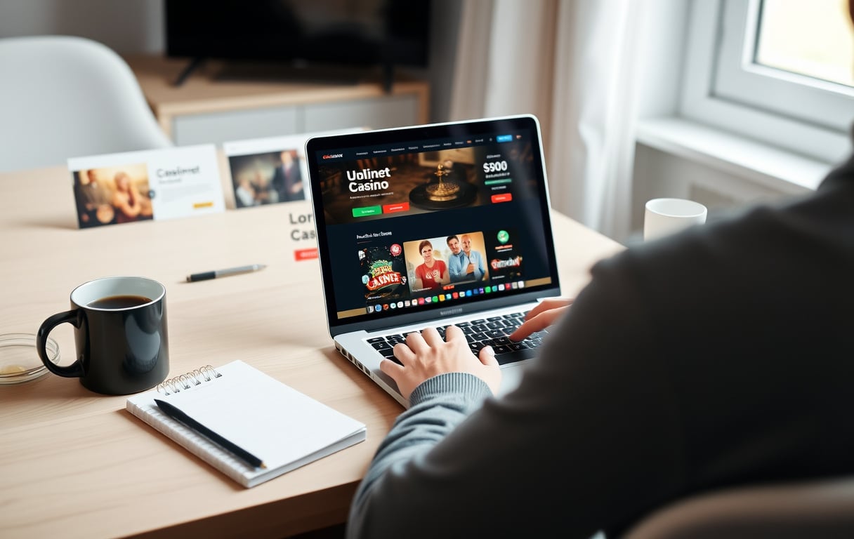 Person som sammenligner casinoer på laptop med notatblokk og kaffekopp