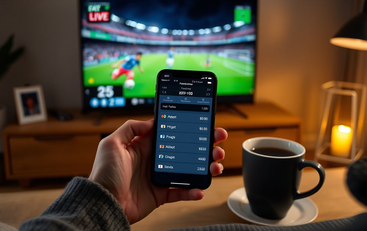 En person som sjekker fotball odds på mobilen mens en kamp spilles på TV