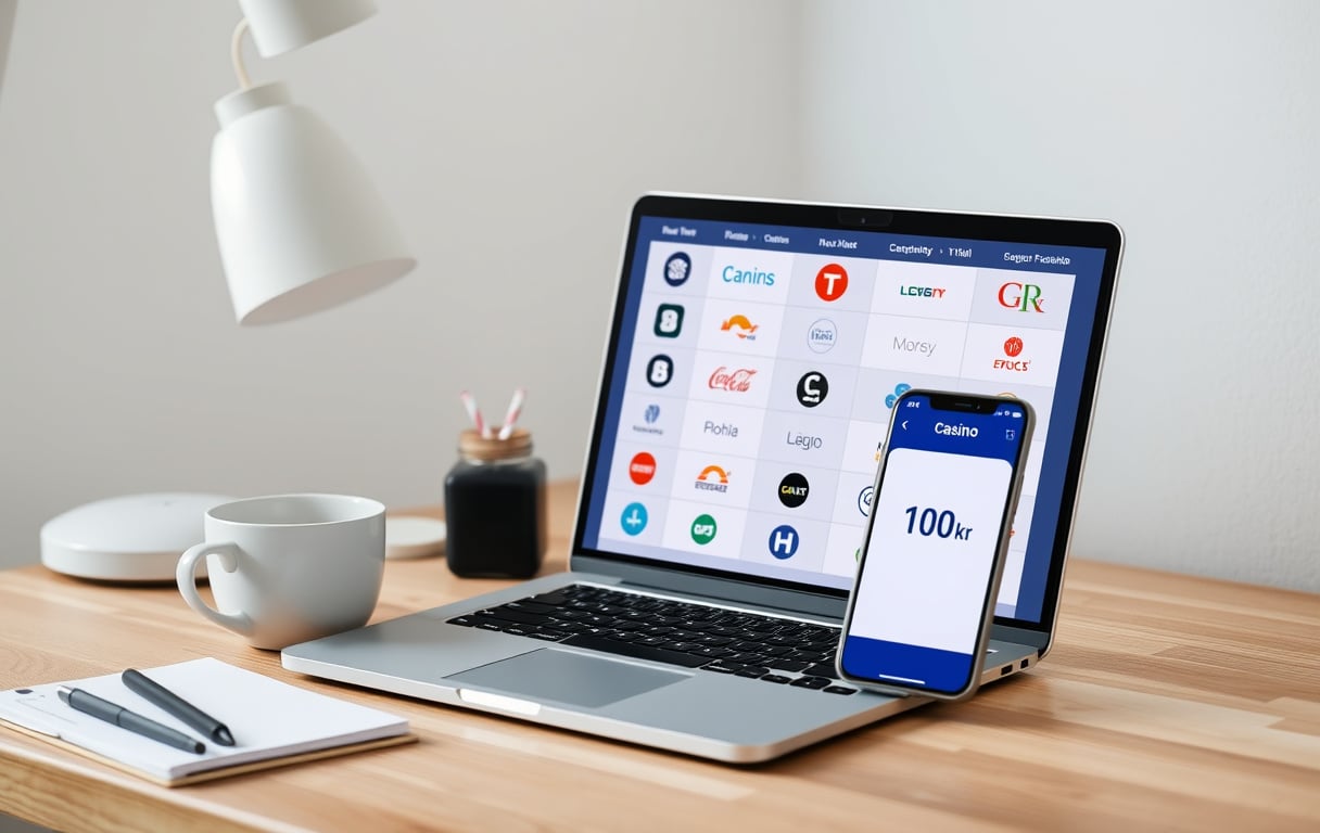 Skrivebord med laptop og mobil som viser sammenligning av gratis casinotilbud