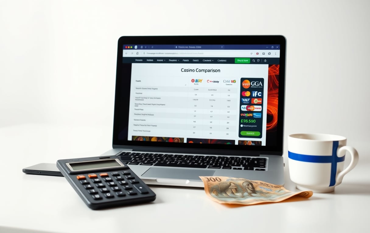 Sammenligning av nettcasino på laptop med lisenslogoer og kalkulator