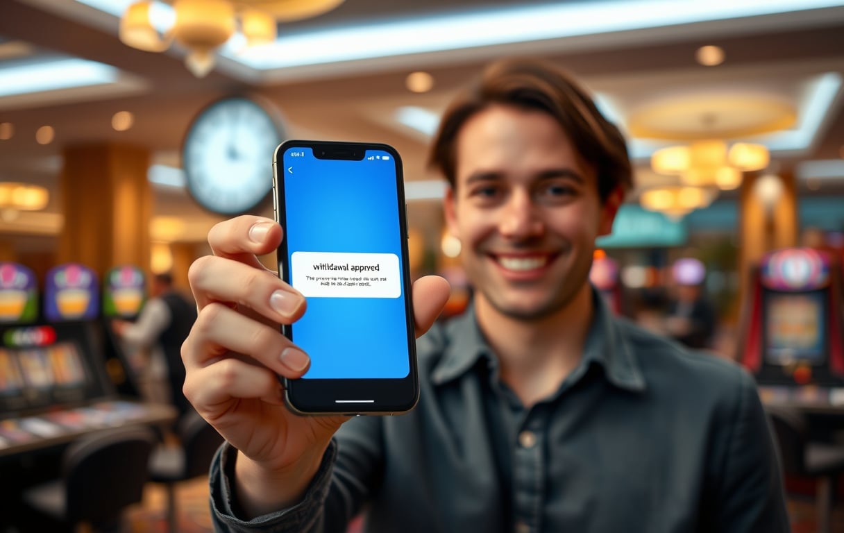 Person som ser på en mobiltelefon med en bekreftelse på uttak, bakgrunn med casino og klokke som viser kort tid.