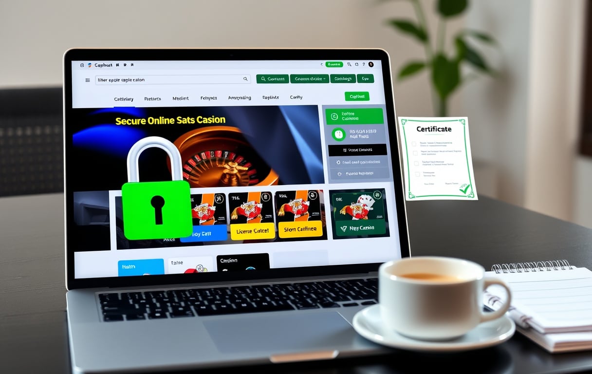 Sikker online casino-side med hengelås og lisenssertifikat på skjermen