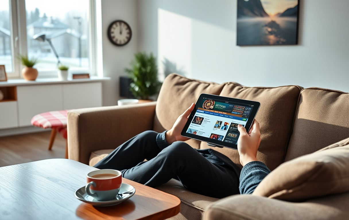 Person på sofa med nettbrett som viser et utenlandsk casino, kaffekopp på bordet